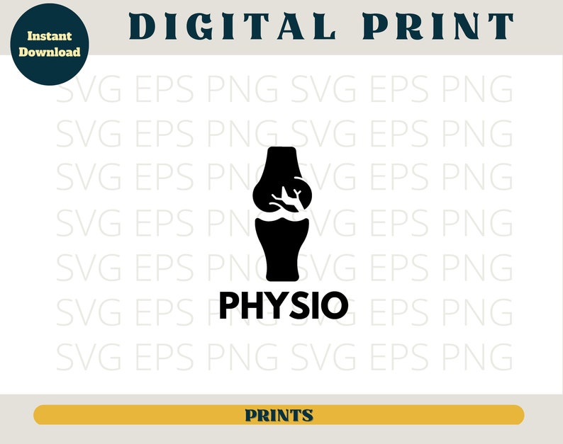 以下が含まれることがあります： 「PHYSIO」という文字の下に、膝関節の白黒シルエットがあります。画像は、「SVG EPS PNG」というテキストで囲まれており、何度も繰り返されています。