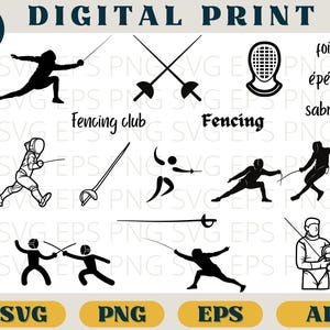 May include: A black and white digital illustration set of fencing equipment and fencers. The set includes a fencing mask, a foil, an épée, a sabre, and four fencers in different poses. The text "Fencing club" and "Fencing" is included in the image.
