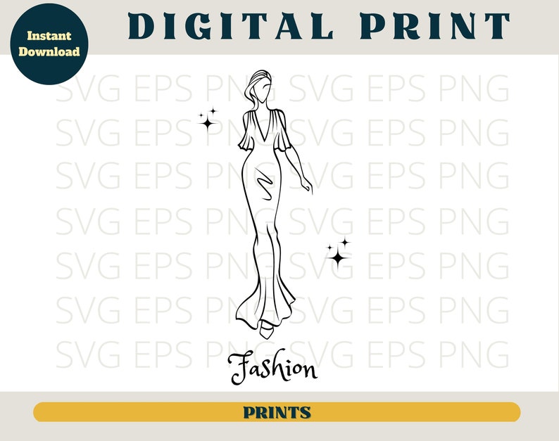 May include: A black and white line drawing of a woman in a long dress with a flowing skirt. The woman is standing with her right hand raised and her left hand on her hip. The drawing is set against a white background with the text "Fashion Prints" at the bottom.
