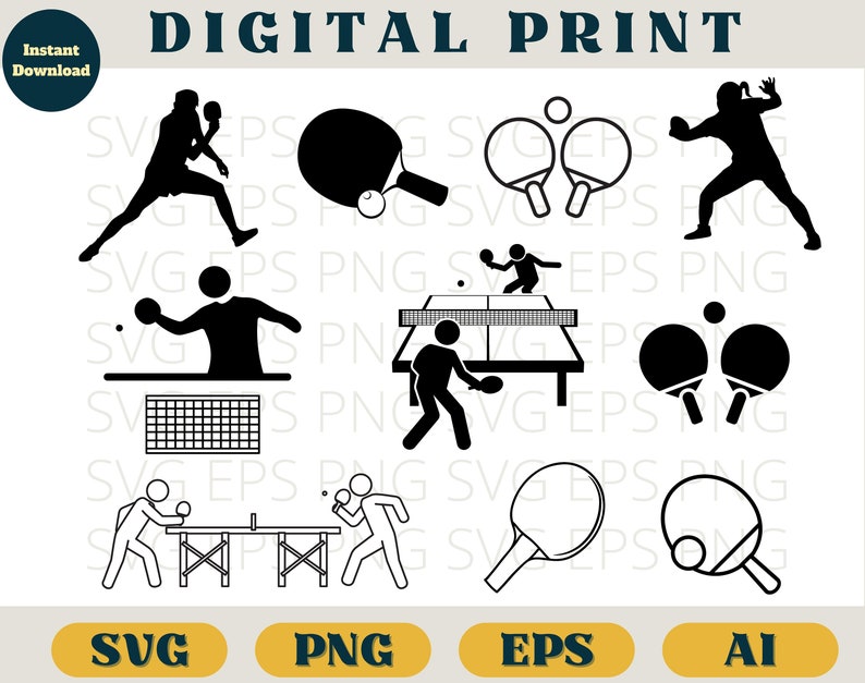 May include: A set of black and white table tennis icons, including players, paddles, a net, and a table. The icons are perfect for creating a table tennis themed design.