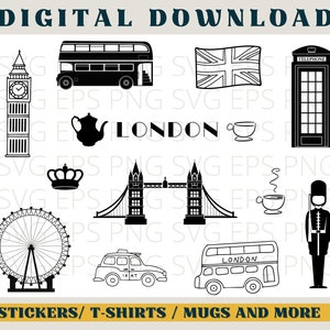 May include: A set of black and white London themed illustrations. The illustrations include a double-decker bus, a red telephone booth, Big Ben, a crown, a cup of tea, the London Eye, a taxi, Tower Bridge, and a guard in a red uniform.