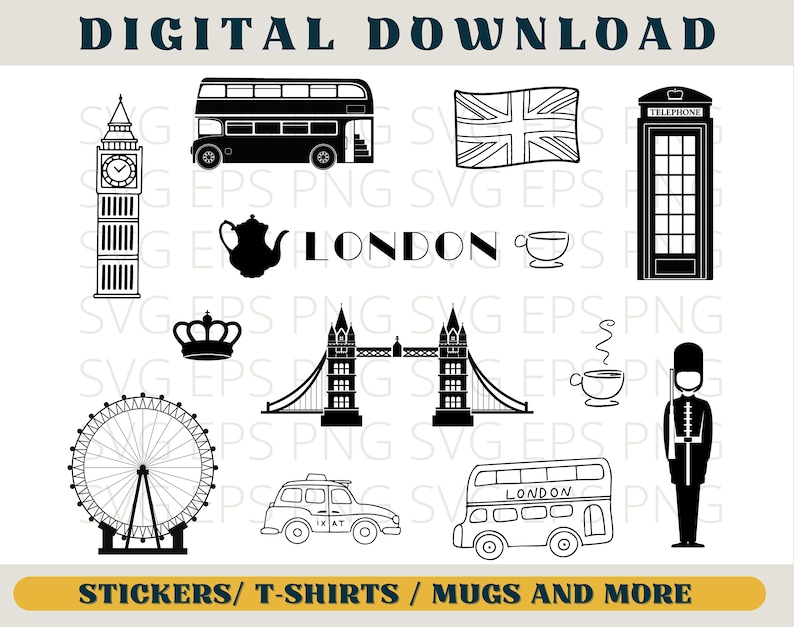 May include: A set of black and white London themed illustrations. The illustrations include a double-decker bus, a red telephone booth, Big Ben, a crown, a cup of tea, the London Eye, a taxi, Tower Bridge, and a guard in a red uniform.