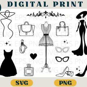 ファッション デザイン バンドル、高級デザイン、ハイファッション、香水、ドレス、バッグ、ハイヒール、SVG PNG、女性のシルエット、ボディ ラインアート、ファッション モデル