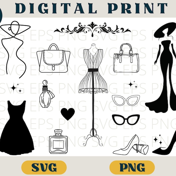 Fashion design bundle, Luxury design, high fashion, perfume dress bags high heels, svg png, woman silhouette, body lineart, fashion model