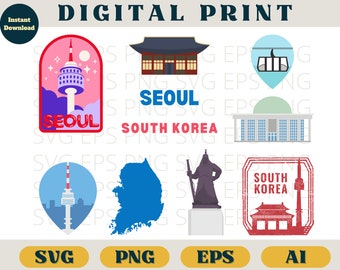 May include: Digital print featuring various Seoul, South Korea landmarks and icons. Includes illustrations of a tower, a traditional building, a cable car, a map, a statue, and a temple. The words "SEOUL" and "SOUTH KOREA" are also displayed.