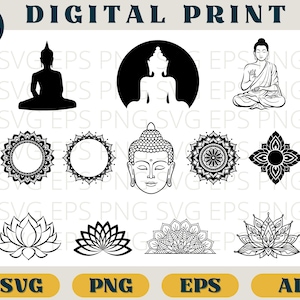 Pacchetto Buddha, stampa buddista, Svg Eps Png AI, clip art di meditazione yoga, download di SVG di consapevolezza digitale, fiore di loto, Cricut svg, mandala