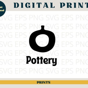 Puede incluir: Impresi&oacute;n digital en blanco y negro de un logotipo de cer&aacute;mica. El logotipo presenta una silueta simple de un jarr&oacute;n y la palabra "Pottery" en letras negritas y estilizadas.