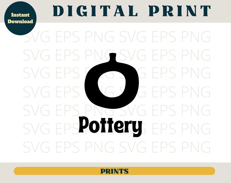 Puede incluir: Impresi&oacute;n digital en blanco y negro de un logotipo de cer&aacute;mica. El logotipo presenta una silueta simple de un jarr&oacute;n y la palabra "Pottery" en letras negritas y estilizadas.