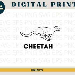 May include: A black and white line drawing of a cheetah running. The word "CHEETAH" is written in bold black letters below the image. The text "SVG EPS PNG SVG EPS PNG" is repeated in a smaller font size around the image.