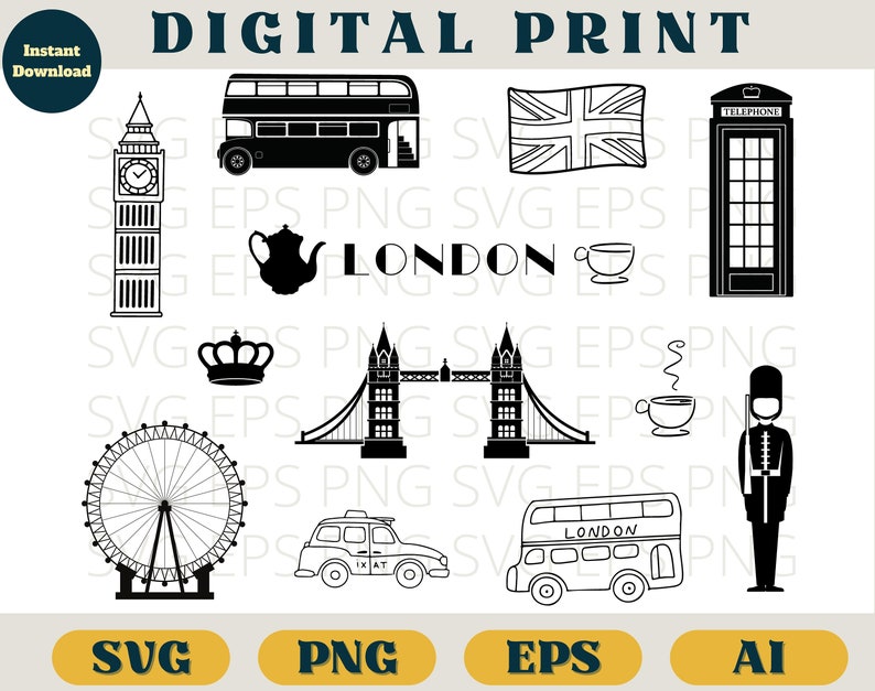 May include: A set of black and white illustrations of iconic London landmarks, including Big Ben, the London Eye, a double-decker bus, a red telephone booth, the Tower Bridge, a crown, a teacup, and a royal guard.
