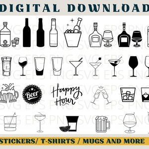 May include: A set of 20 black and white digital illustrations of various alcoholic beverages, including wine glasses, beer mugs, cocktail glasses, liquor bottles, and a champagne toast. The text "Happy Hour" is included in the design.