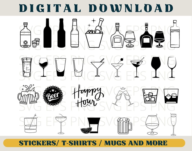 May include: A set of 20 black and white digital illustrations of various alcoholic beverages, including wine glasses, beer mugs, cocktail glasses, liquor bottles, and a champagne toast. The text "Happy Hour" is included in the design.