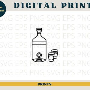 May include: Black and white line art illustration of a bottle and three shot glasses. The bottle has a diamond shape on the front.
