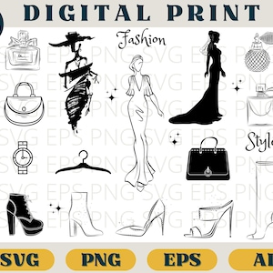May include: A digital print design set featuring fashion and style icons. The set includes a woman in a dress, a woman in a gown, a handbag, a perfume bottle, a watch, a hanger, a pair of boots, and a pair of high heels.