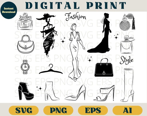 Fashion brand bundle, Luxury design, high fashion, Designer brand, dress bags accessories bundle, svg png eps ai, high heels svg png, style