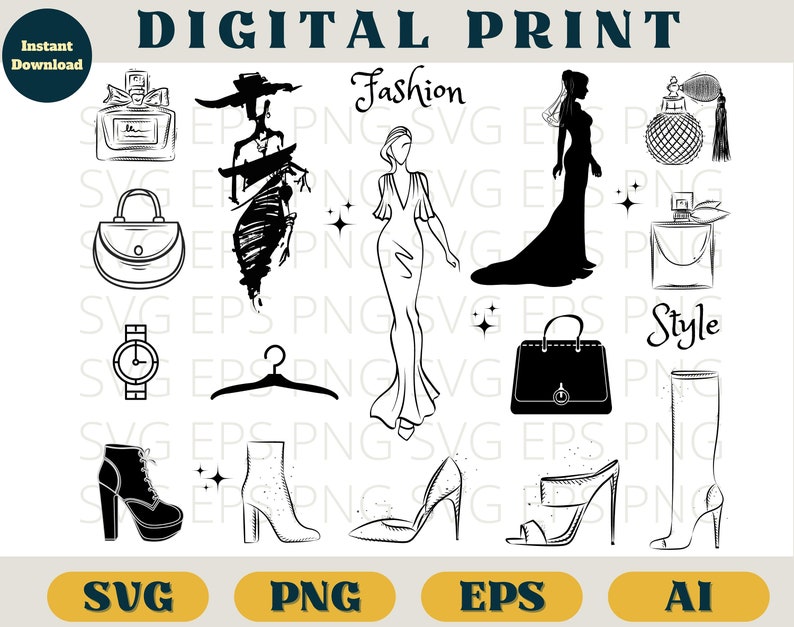 May include: A digital print design set featuring fashion and style icons. The set includes a woman in a dress, a woman in a gown, a handbag, a perfume bottle, a watch, a hanger, a pair of boots, and a pair of high heels.