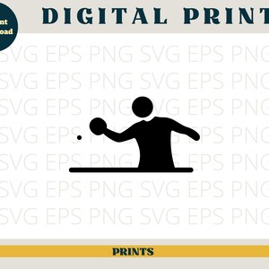 May include: Black and white silhouette of a person playing table tennis. The person is holding a paddle and hitting a ball. The table is represented by a black line.