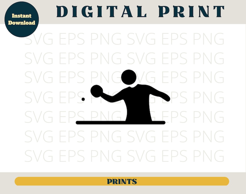 May include: Black and white silhouette of a person playing table tennis. The person is holding a paddle and hitting a ball. The table is represented by a black line.