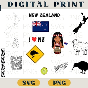 May include: Digital print featuring New Zealand themed illustrations. Includes a map outline, flag, kiwi bird, sheep, and a cartoon of a person in traditional clothing. The text "NEW ZEALAND" and "I ❤️ NZ" are also present. The image is labeled "DIGITAL PRINT".