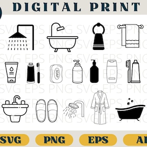 May include: A digital print featuring black and white bathroom-themed icons. The collection includes a showerhead, bathtub, towel rack, soap dispenser, shampoo bottle, toothbrush, toothpaste, sink, slippers, and a bathrobe.