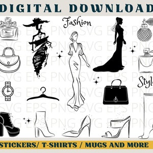 May include: A set of black and white illustrations of fashion-related items, including a dress, a purse, a shoe, a perfume bottle, a watch, a hanger, and a boot. The text "Fashion" and "Style" are also included in the image.