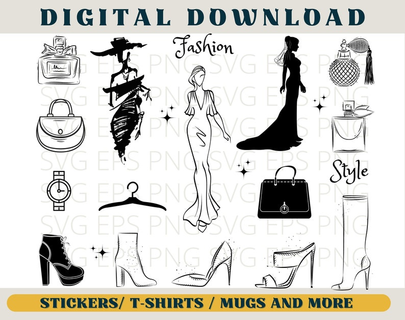 May include: A set of black and white illustrations of fashion-related items, including a dress, a purse, a shoe, a perfume bottle, a watch, a hanger, and a boot. The text "Fashion" and "Style" are also included in the image.