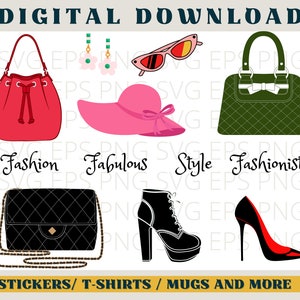 May include: A set of fashion-themed illustrations featuring a red bucket bag, a green quilted handbag, a pink sun hat, a pair of sunglasses, a black quilted handbag, a black heeled boot, and a red heeled pump. The text "Fashion Fabulous Style Fashionista" is written below the illustrations.