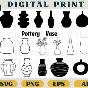 May include: A digital download of 10 different vase SVG cut files. The vases are in various styles, including a simple round vase, a vase with a wide mouth, and a vase with a narrow neck. The vases are all black and white.