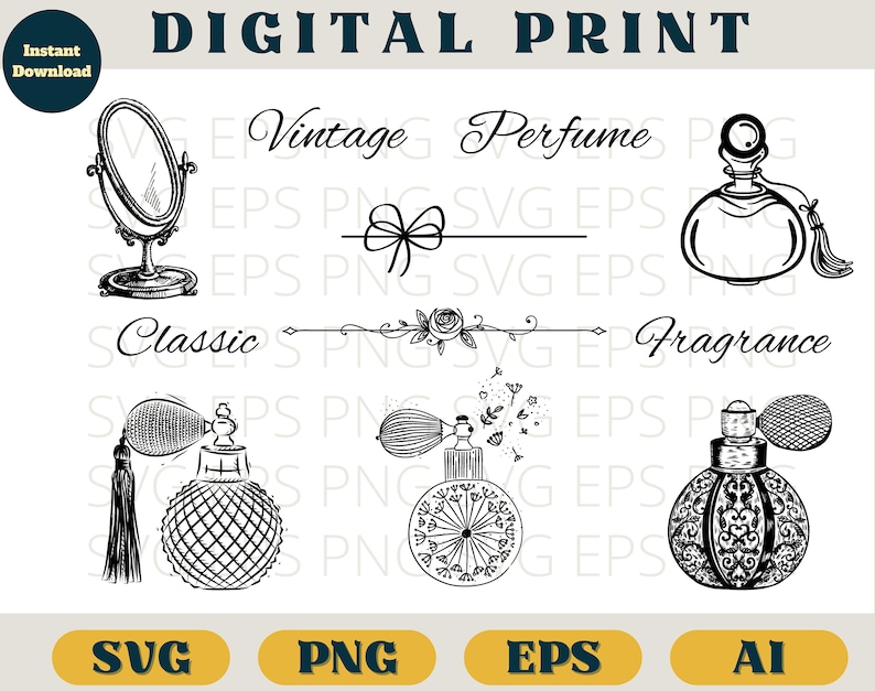 May include: A digital print design featuring four different illustrations of perfume bottles. The illustrations are in a vintage style and include the words "Vintage", "Perfume", "Classic", and "Fragrance".