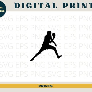 May include: Silhouette of a person playing table tennis. The person is in mid-air, holding a paddle and a ball. The silhouette is black against a white background.
