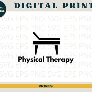 以下が含まれることがあります： 理学療法のテーブルの白黒シルエット。テーブルの下に「Physical Therapy」というテキストがあります。