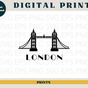 May include: Black and white silhouette of the Tower Bridge in London, with the word "LONDON" printed below.