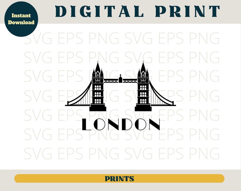 May include: Black and white silhouette of the Tower Bridge in London, with the word "LONDON" printed below.