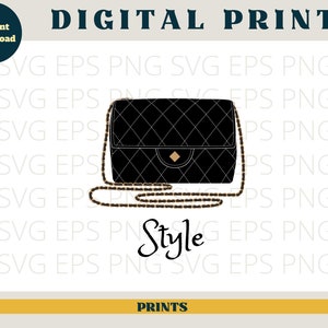 May include: A black quilted handbag with a gold chain strap and a gold accent on the front. The text "Style" is written in a cursive font below the bag.