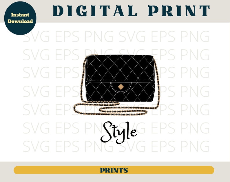 May include: A black quilted handbag with a gold chain strap and a gold accent on the front. The text "Style" is written in a cursive font below the bag.