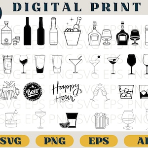 Pacchetto alcolico, Bevande alcoliche, Birra, Vino, Vodka, Whisky, bicchierini, svg png eps ai, clipart happy hour, alcol SVG tagliare file cricut