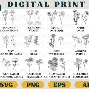 Birth Month flowers bundle, flower bouquet print, Svg Eps Png AI, birth month wildflower clipart, Birth month flowers SVG cricut download