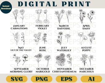 Birth Month flowers bundle, flower bouquet print, Svg Eps Png AI, birth month wildflower clipart, Birth month flowers SVG cricut download
