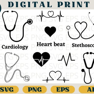Stethoscoop bundel, stethoscoop cardiologie clipart, medische stethoscoop hartslag afdrukken, svg png eps ai, stethoscoop cricut gesneden bestand