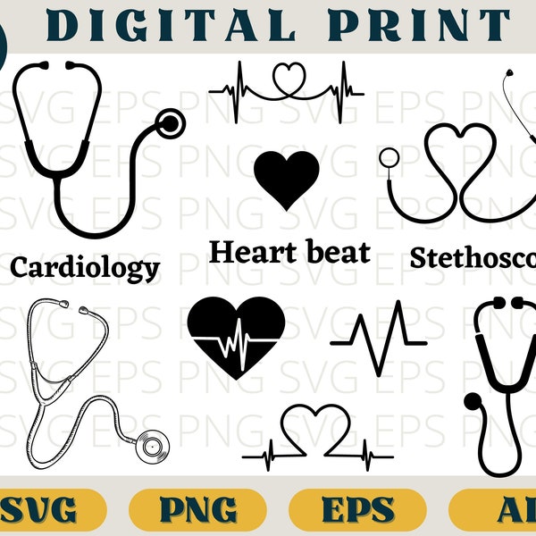 Stethoscope bundle, Stethoscope cardiology clipart, Medical stethoscope heart beat print, svg png eps ai, stethoscope cricut cut file