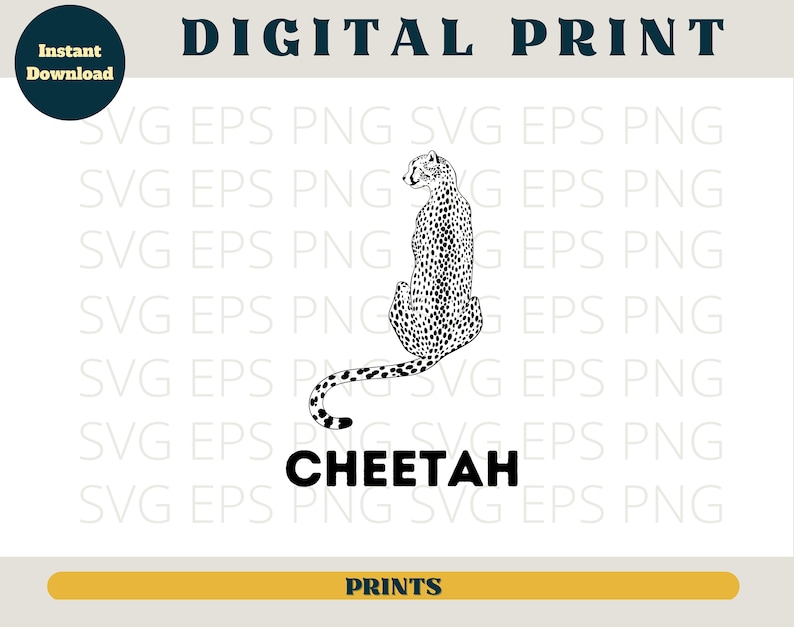 May include: Black and white line art illustration of a cheetah sitting down. The cheetah is facing away from the viewer. The text "CHEETAH" is below the image.