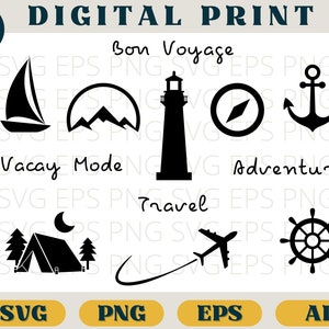 Pacchetto buon viaggio, Pacchetto avventura, Ancora, Faro, Barca a vela, Campeggio, Viaggi, svg, png, ai, eps, Cricut, Silhouette, buon viaggio svg