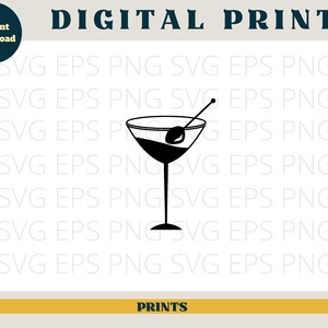 May include: Black and white silhouette of a martini glass with an olive on a toothpick. The glass is filled with liquid.