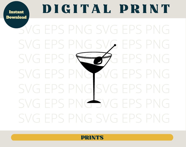 May include: Black and white silhouette of a martini glass with an olive on a toothpick. The glass is filled with liquid.