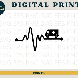 May include: Black and white silhouette of an ambulance driving over a heart beat line. The ambulance has a cross on the side.