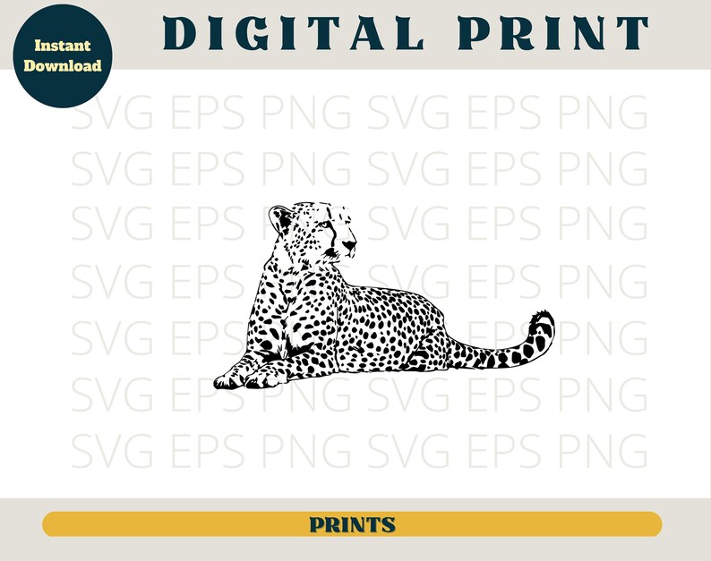 May include: Black and white line art illustration of a cheetah lying down. The cheetah is facing to the left and has a spotted coat.