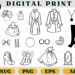 Op de afbeelding: Een digitaal printontwerp met een set van 12 mode- en schoonheidsillustraties. De illustraties omvatten een handtas, een paar oorbellen, een ketting, een paar schoenen, een strik, een paar oorringen, een ring, een parfumfles, een jurk, een spiegel, een paar laarzen en een trenchcoat.