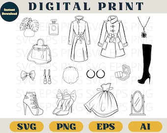 Winter fashion, Fashion design bundle, Luxury design, high fashion, perfume dress bags high heels, svg png, woman silhouette, fashion model