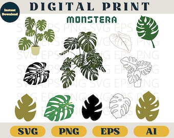 Monstera Bundle, Monstera Blatt Druck, Eps Png AI, tropische Pflanzen Clipart png, Pflanze Blätter SVG download, Monstera Silhouette, Cricut
