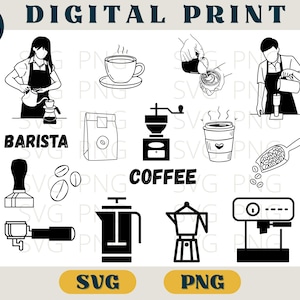 May include: Black and white digital print with coffee-themed illustrations. Depicts a barista, coffee beans, a coffee grinder, a coffee maker, and the words "BARISTA" and "COFFEE". The print also includes "SVG" and "PNG" text.
